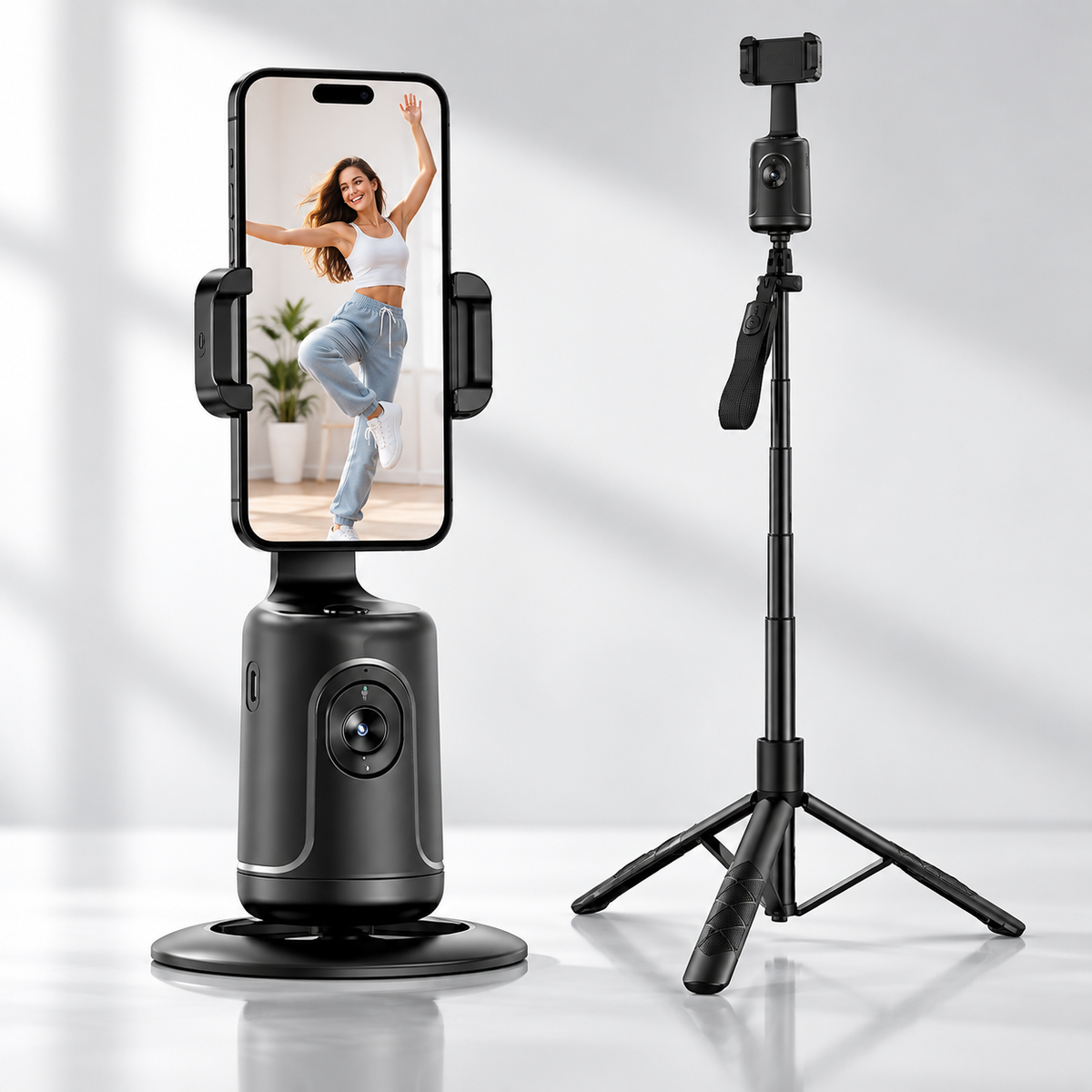 Velmora AI 360° Tracking Creator Kit on its desktop base and on the extended tripod with remote control, phone tracking a dancer mid-move