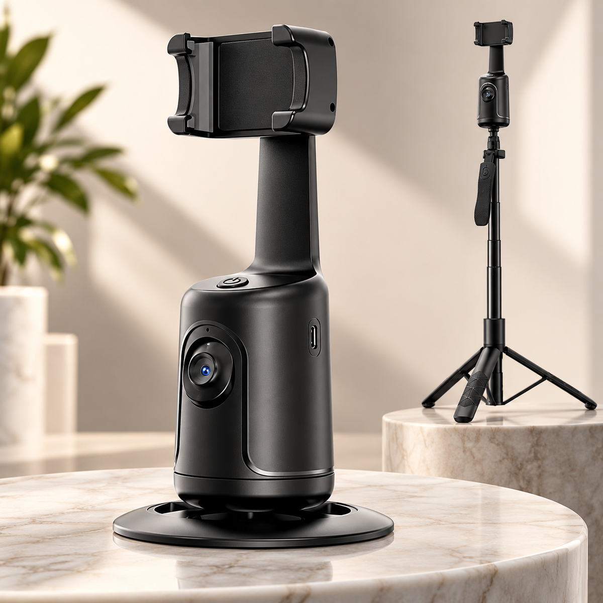 Close-up of the Velmora AI 360° tracking head showing the camera lens, power button and phone clamp, with the tripod version in the background