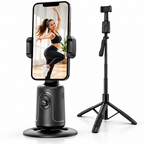 Velmora AI 360° Tracking Creator Kit on its desktop base and on the extended tripod with remote control, phone tracking a fitness pose