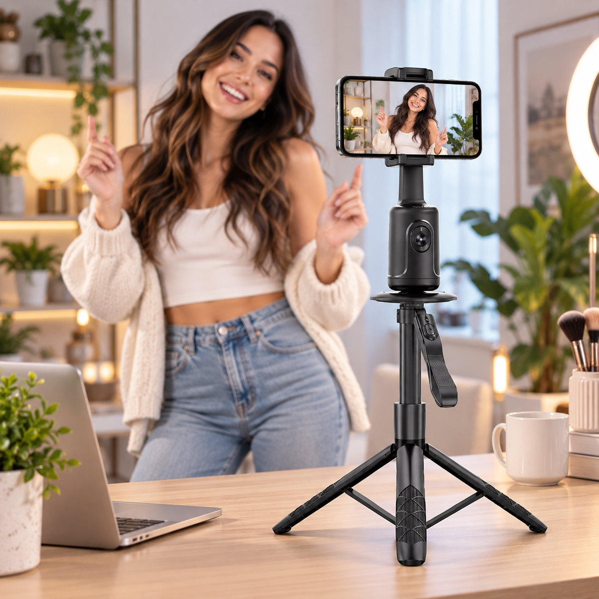 Velmora AI 360° Tracking Creator Kit set up on a creator's desk with tripod and remote control, filming her next to a laptop