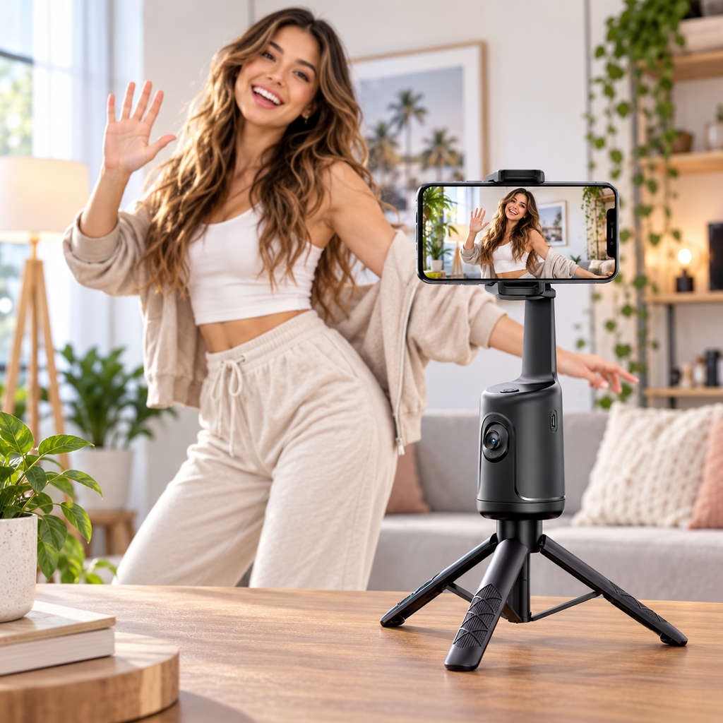 Velmora AI 360° Tracking Creator Kit on its tripod filming a creator with her hand raised for hands-free gesture control in a living room