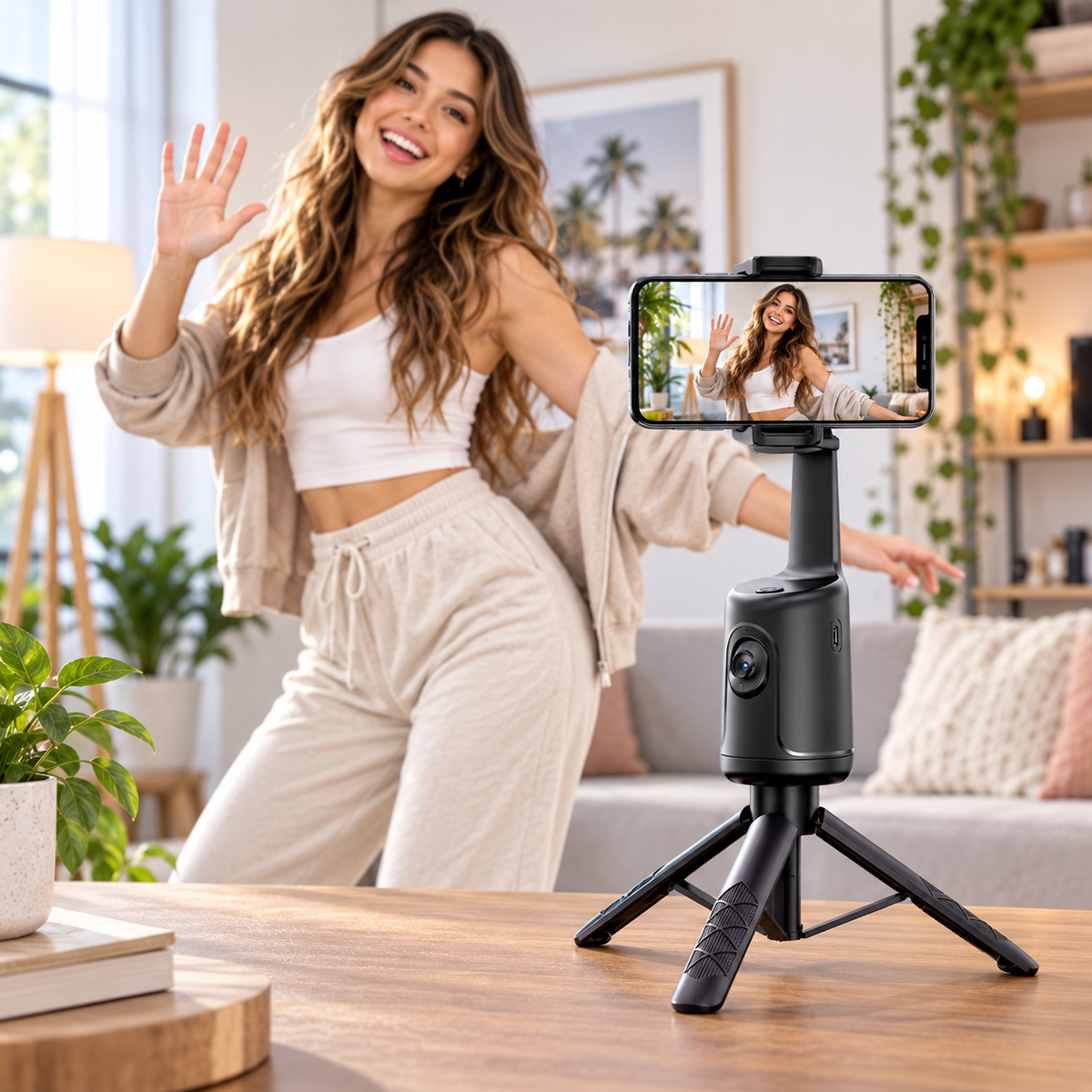 Velmora AI 360° Tracking Creator Kit on its tripod filming a creator with her hand raised for hands-free gesture control in a living room